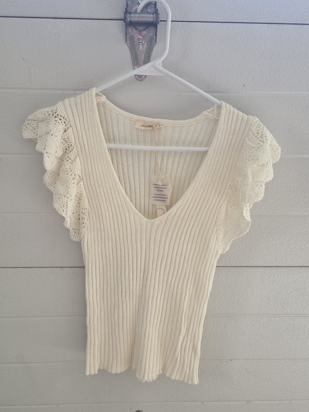 Mystree Cream Ribbed V-Neck Tank with Lace Flutter Sleeves